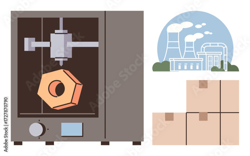 Industrial 3D printer producing a hexagonal part, factory with chimneys emitting smoke, and stacked cardboard boxes. Ideal for manufacturing, innovation, logistics, production, industry, supply