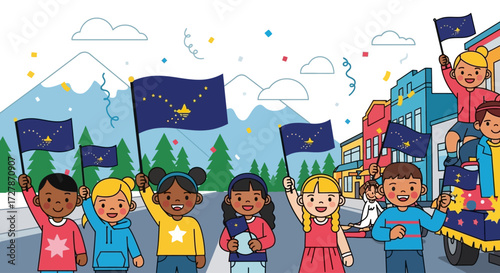 Diverse group of happy children waving Alaska state flags during a festive parade in a charming town with mountains.