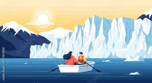 Two people in a small rowboat navigate icy waters surrounded by towering glaciers and snow-capped mountains under a bright sun.