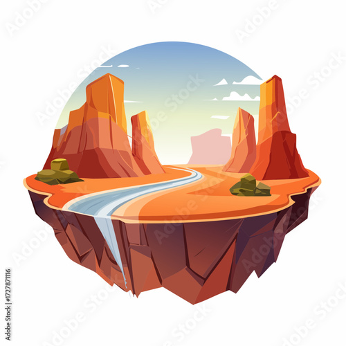 Fantasy cartoon vector illustration of a surreal floating island with a desert river canyon