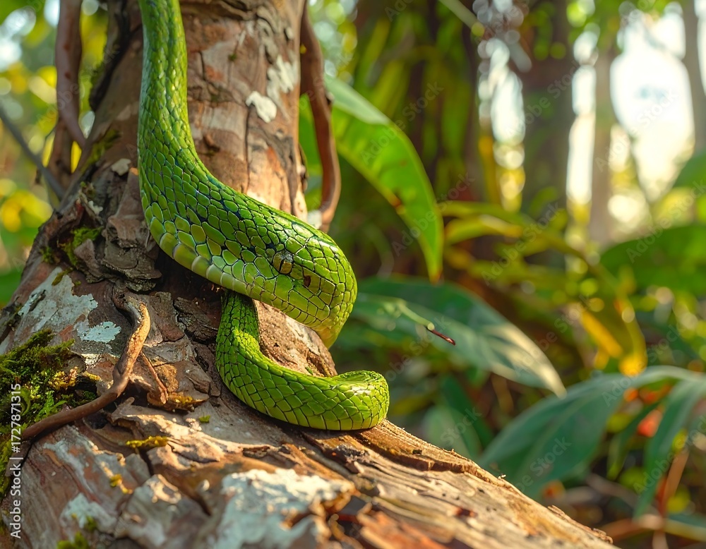 Naklejka premium Emerald Tree Boa on a Sunlit Log in the Jungle