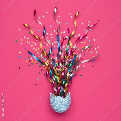 Exploding confetti and streamers burst from a decorative blue and white Easter egg shell