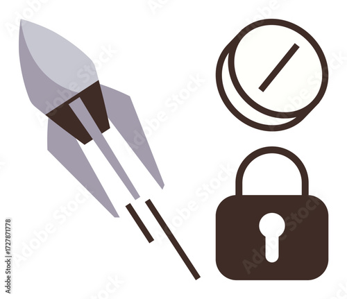 Rocket soaring upward, locked padlock, and circle with a slash merge innovation, protection, and restriction. Ideal for security, technology, progress innovation caution privacy access. A simple