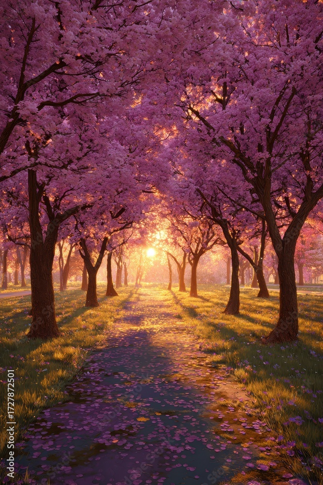 Naklejka premium Golden Sunrise Illuminates an Enchanted Pathway Through a Pink Cherry Blossom Tunnel.