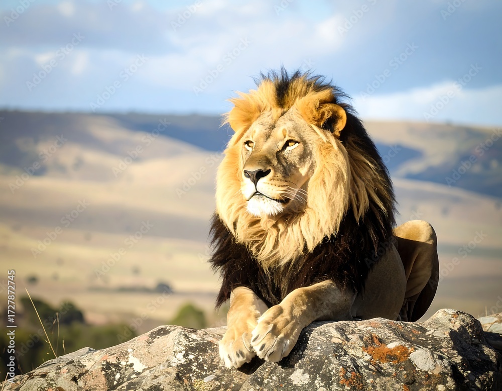 Obraz premium Majestic lion resting on a rock overlooking a landscape