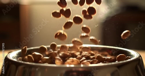Dog food being poured into a bowl in a kitchen