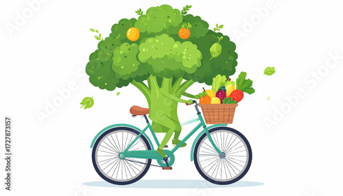 Whimsical Broccoli Character Cycling with a Basket of Fresh Produce for Healthy Living