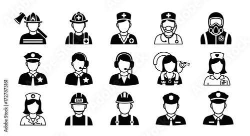 Emergency Responders Icon Set, Various Professions, Digital Illustration, Minimalist Style, Black and White Design, Creative Concept