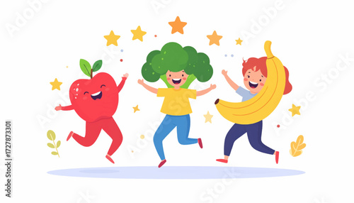 Happy cartoon characters of an apple, broccoli, and a child with a banana celebrate healthy eating with joy and energy