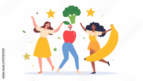 Cheerful young women celebrating a healthy lifestyle by dancing with fresh fruit and vegetables. A colorful vector graphic about nutrition and vegetarian diet