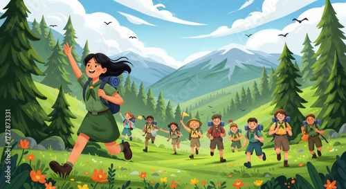 Joyful young rangers discover the beauty of nature on a mountain hiking adventure