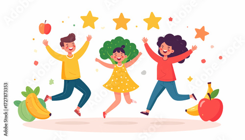 Joyful children celebrating excellent nutrition and a healthy lifestyle with a five-star rating, highlighting happy childhood and well-being
