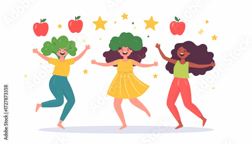 Celebration of Youthful Energy Three Joyful Women Dancing with Apples and Stars