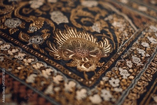 Intricate Gold Dragon Embroidery on Dark Textile, Detailed Close-Up.