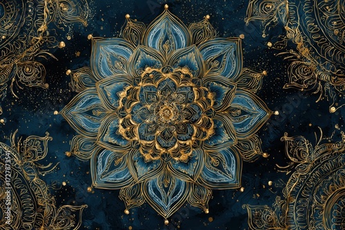 Intricate Gold and Teal Mandala on Dark Blue Textured Background with Subtle Starry Accents.