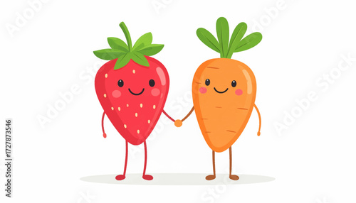 An adorable cartoon strawberry and a cheerful carrot holding hands. A cute vector illustration representing friendship, love, and healthy eating