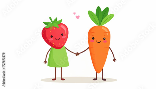 Adorable Cartoon Strawberry and Carrot Holding Hands, Celebrating Love and Friendship