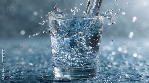 Refreshing splash: Close-up glass overflowing with pure, clean water
