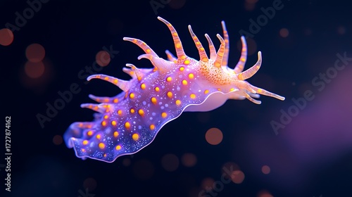 A vibrant purple nudibranch with yellow spots drifts in the deep blue ocean