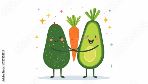 Playful illustration of two happy cartoon avocados sharing a cheerful carrot, symbolizing healthy plant-based eating, nutrition, and the joy of friendship
