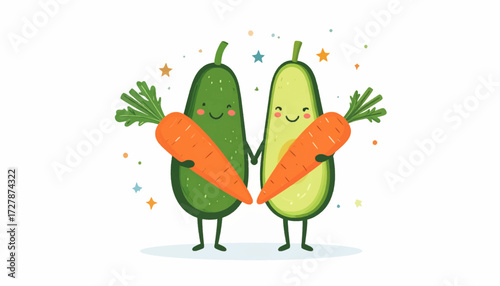 Charming illustration of a kawaii avocado and cucumber couple in love, holding carrots. A cute vector graphic representing a healthy vegan diet and togetherness