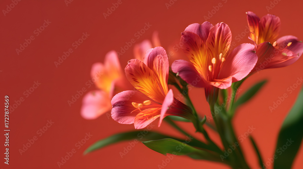 Naklejka premium Alstroemeria Blooms Against Red: A vibrant cluster of Alstroemeria flowers in full bloom against a solid, fiery red backdrop, displaying their delicate petals and intricate details.