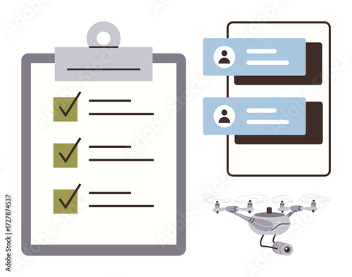 Clipboard checklist with tasks marked, text communication interface, and a quadcopter. Ideal for task management, technology, automation, logistics, remote work planning and innovation. Simple flat