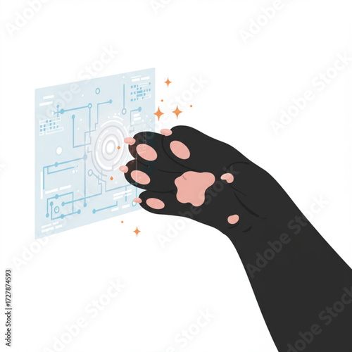 Cat paw touching futuristic digital screen interface, technology vector illustration