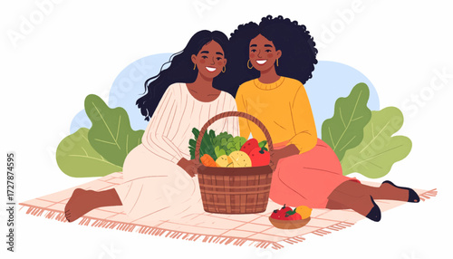 Two Friends Enjoying a Picnic Outdoors with Fresh Vegetables and Fruits on a Sunny Day