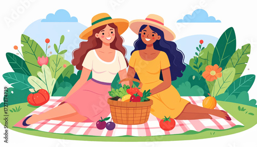 Friends enjoying a delightful picnic in a sunny park, sharing food and laughter together