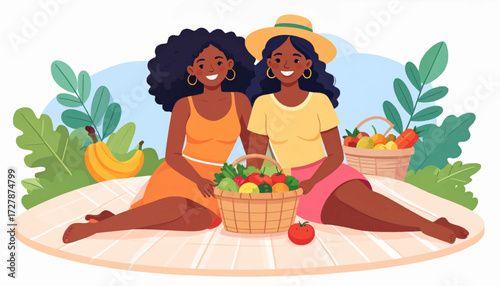 Illustration of two happy Black women enjoying a summer picnic together with a basket of fresh, healthy fruits and vegetables