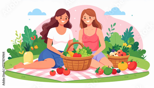 Enjoying a Sunny Day Friends at a Picnic with Fresh Fruits and Vegetables