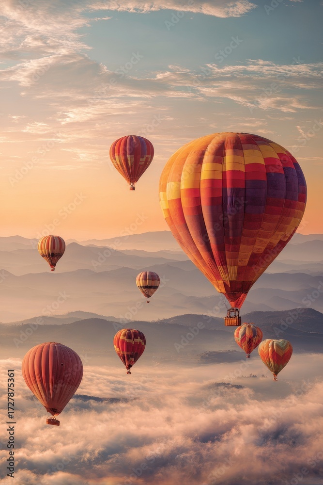 Naklejka premium Majestic Hot Air Balloons Ascend Through Golden Sunrise Clouds Over Misty Mountains.