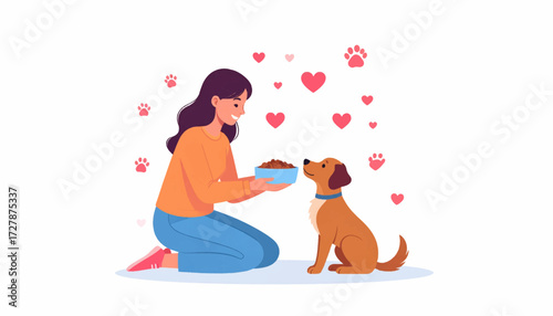 Happy young woman lovingly feeding her cute brown puppy from a bowl. A charming illustration representing the concept of pet care, animal friendship, and affection