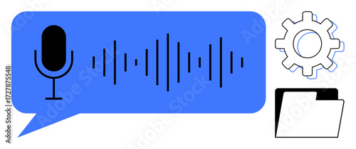 Microphone, sound wave, gear, and folder icons symbolizing voice recognition, data storage, file management, and digital automation. Ideal for AI, technology data organization automation UX