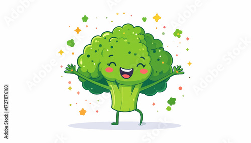 Cheerful cartoon broccoli character with a joyful expression. A cute and healthy green vegetable mascot smiling with sparkles, isolated on a white background