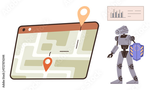 Digital map with location pins, humanoid robot holding shield, data chart emphasizing logistics. Ideal for navigation, technology, robotics, delivery, innovation, AI concepts futuristic services