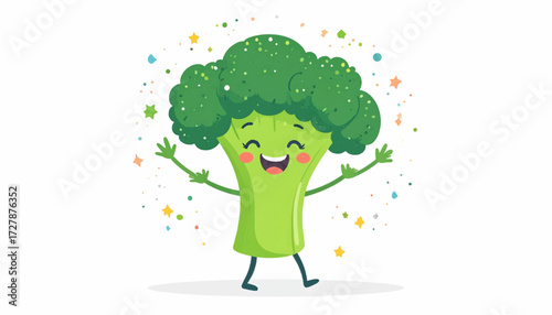 Happy Broccoli Cartoon Character with Sparkles and Confetti, Healthy Food Illustration