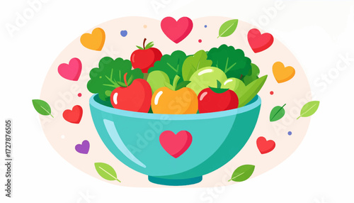 Colorful illustration of a fresh bowl filled with healthy vegetables and fruits, surrounded by hearts and leaves, promoting nutritious eating and a wholesome, happy lifestyle