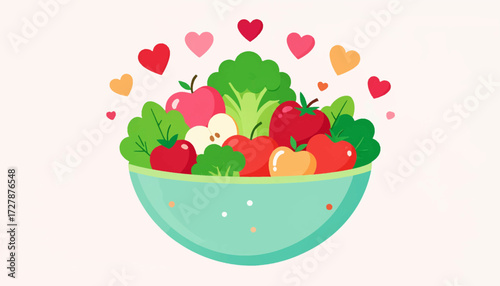 A vibrant illustration of a bowl overflowing with fresh, nutritious fruits and vegetables, surrounded by colorful hearts, symbolizing a healthy diet and a balanced lifestyle