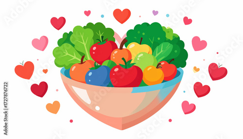 Fresh fruits and vegetables in a heart-shaped bowl with love hearts, healthy food concept