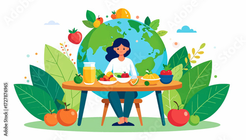 Global nutrition and sustainable eating concept showing a woman enjoying a plant-based diet for a healthy planet