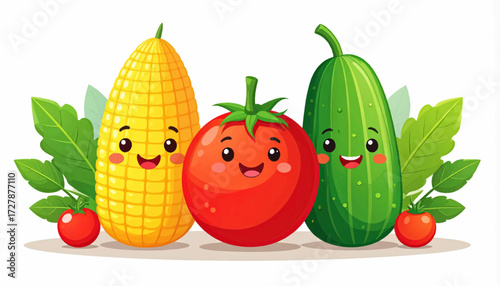Smiling Vegetables A Cute Corn, Tomato, and Cucumber Illustration for Healthy Eating