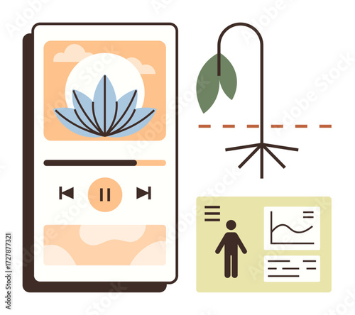 Meditation app with lotus, wilting plant reflecting imbalance, human data, and charts symbolizing wellness tracking. Ideal for mindfulness, mental health, balance, technology, productivity