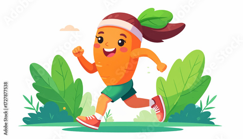 Cute cartoon carrot character running a marathon in the park. A cheerful vegetable mascot promoting a healthy lifestyle, fitness, and vegetarian diet