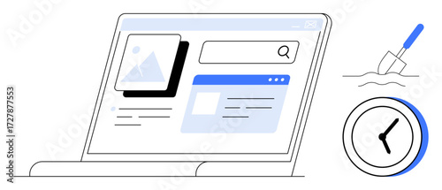 Open laptop screen showing image and text search interface, magnifying glass icon, and tools thumbs up clock and shovel. Ideal for research, exploration, web analytics, data mining, productivity