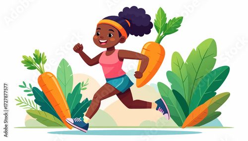 Vibrant Young Girl Joyfully Running Amidst Whimsical Carrots, Illustrating an Energetic and Healthy Lifestyle Focused on Fresh Produce and Wellness