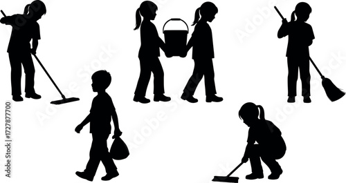 Children cleaning together in silhouette style, performing household chores like mopping, sweeping, scrubbing, teamwork, hygiene, and responsibility illustration