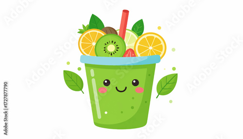 Cute Green Smoothie with Fruits Illustration Orange, Kiwi, and Strawberry