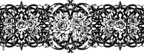 Elegant black and white floral border design with intricate scrollwork and roses, perfect for invitations. silhouette and cutout removed background